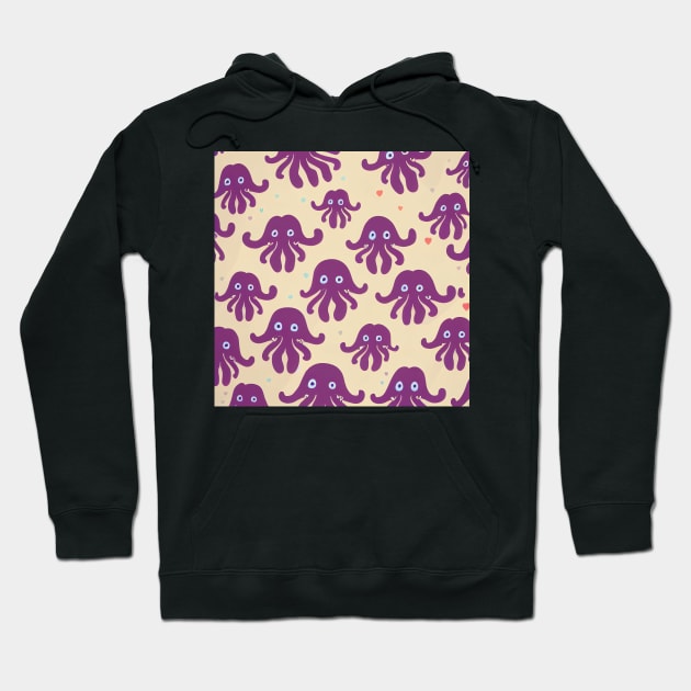 A fun vividly colored pattern of cute pink octopi and hearts swimming around the ocean  in a cartoonish minimalist style inspired by credit scenes anime movie and television series.  Thank you for supporting an indie artist! Hoodie by JensenArtCo